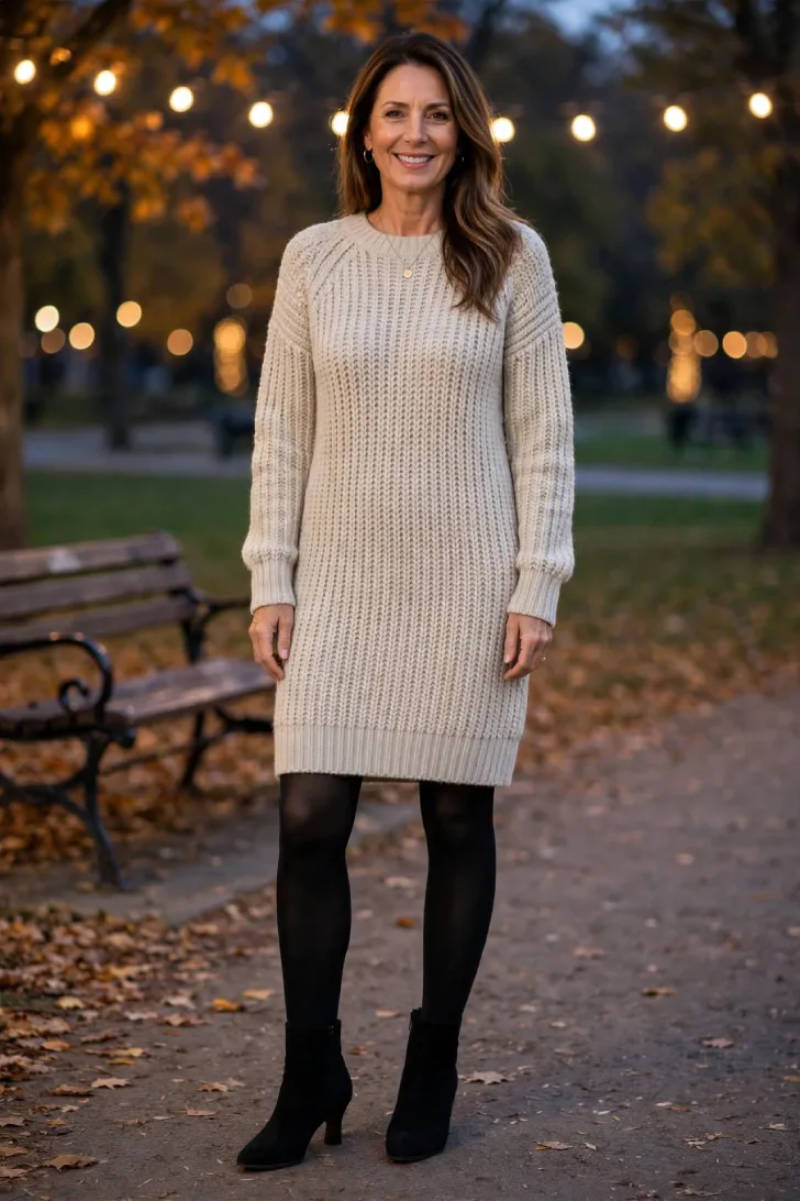 Woman over 40 wearing oatmeal chunky knit sweater dress, black opaque tights and black suede heeled ankle boots under string lights in fall park