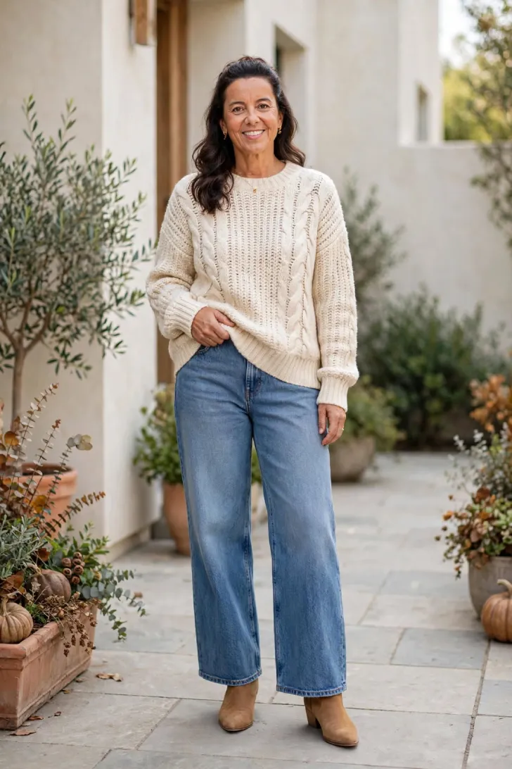 Woman over 40 wearing oatmeal chunky cable knit sweater with front half-tuck and mid-wash wide-leg jeans and tan ankle boots