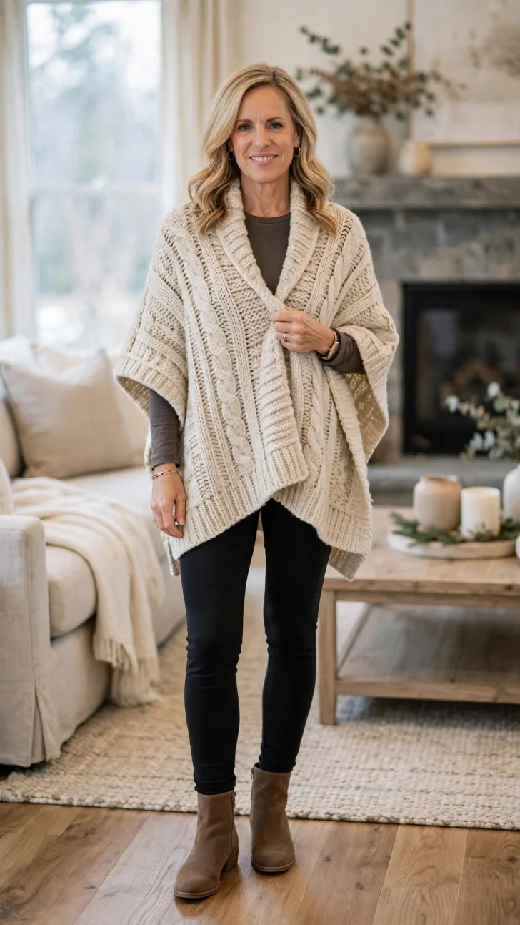 Woman over 40 with blonde wavy hair wearing oatmeal chunky knit poncho, brown long-sleeve tee, black slim leggings and brown boots standing by fireplace.