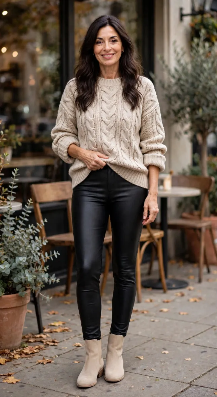 Woman over 40 wearing oatmeal chunky cable knit sweater with front tuck, black leather-look leggings and beige ankle boots at outdoor cafe