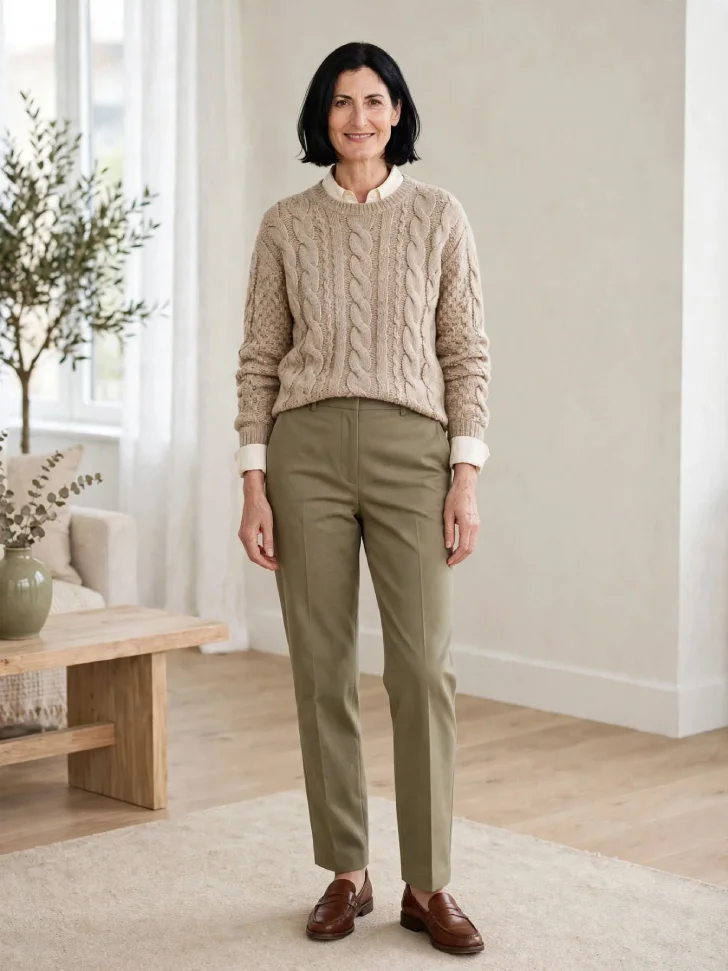 Woman in her 40s with neat dark bob wearing oatmeal cable-knit sweater over ivory shirt with cuffs showing, olive trousers and brown loafers in bright living room