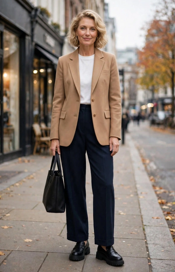 Woman with curly blonde bob wearing camel blazer, white tee, navy wide trousers and black chunky lug sole loafers holding black tote