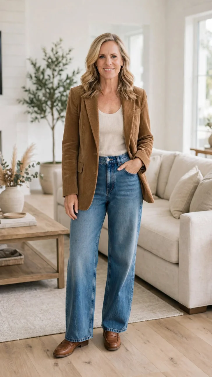  Woman over 40 with blonde wavy hair wearing camel corduroy blazer, cream ribbed tank, wide leg jeans and brown loafers in bright living room.