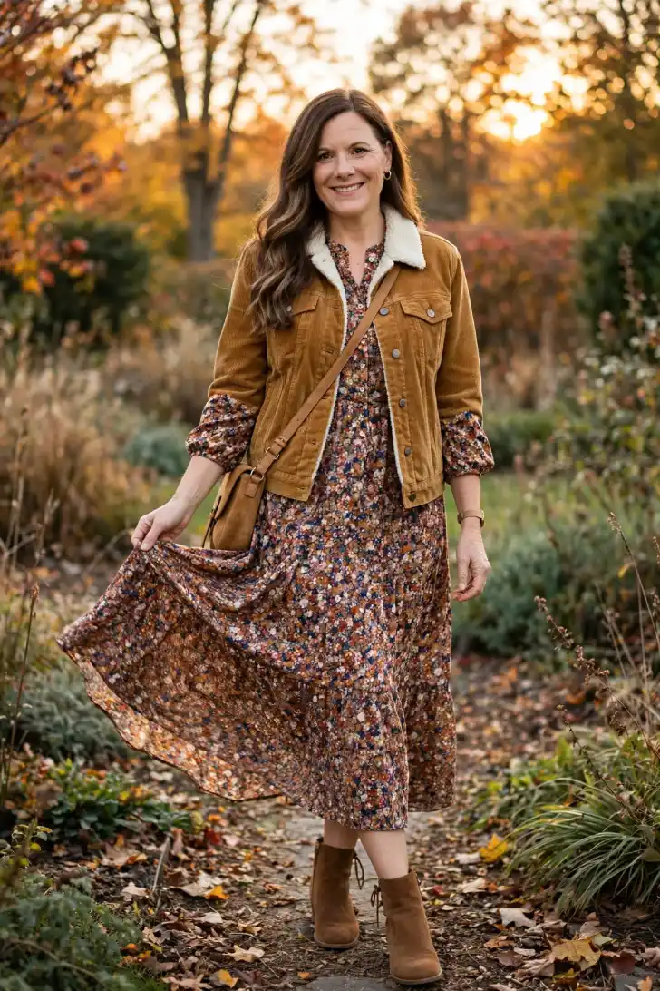 Woman with long wavy brown hair wearing mustard corduroy jacket, rust and navy floral midi dress, brown suede booties and crossbody bag in autumn garden