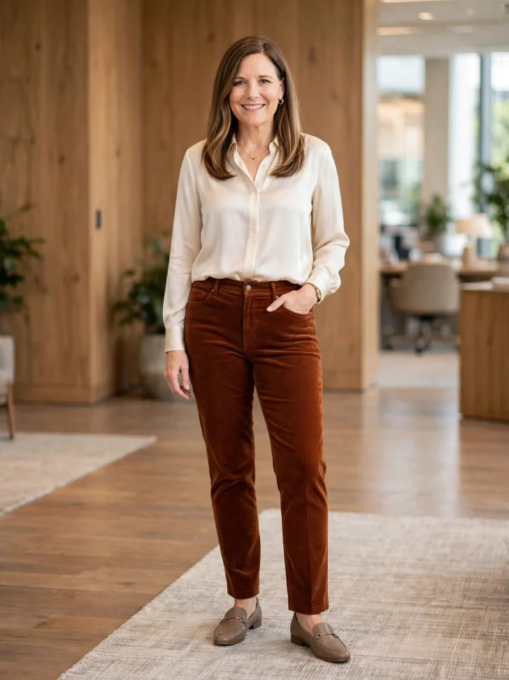 Woman in cream silky blouse, rust fine-wale corduroy straight pants and taupe loafers standing in warm wood office lobby