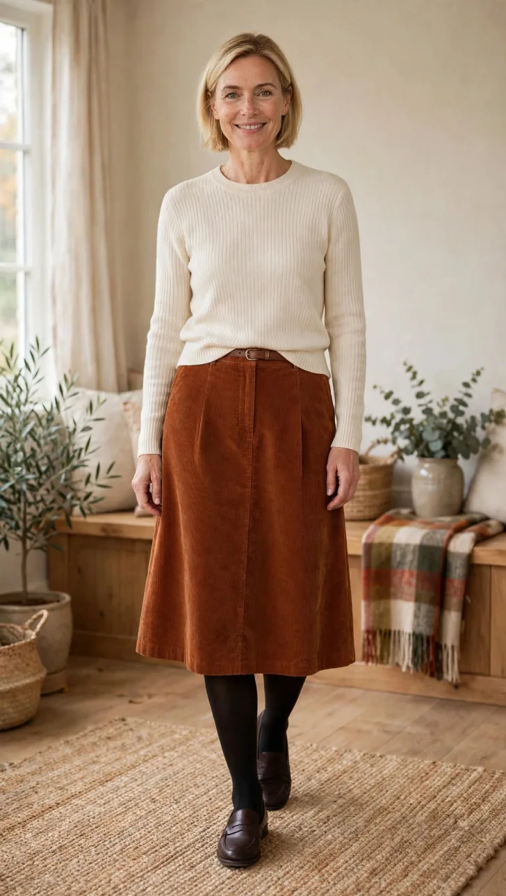 Woman with short straight blonde bob wearing rust corduroy midi skirt, cream ribbed knit sweater front-tucked, black opaque tights, and brown loafers in living room