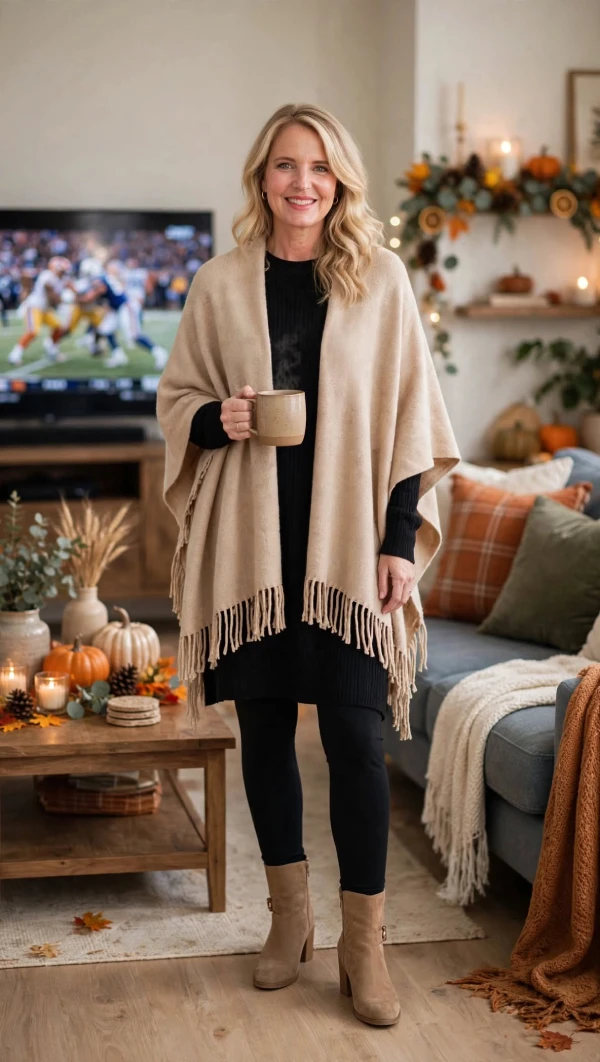 Woman over 40 in camel fringe poncho wrap over black knit tunic and black leggings with tan ankle boots holding mug in living room with football on TV