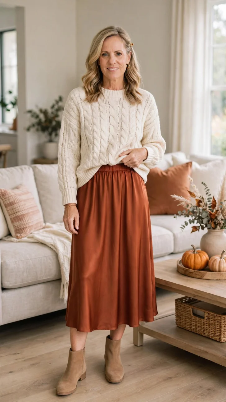  Woman over 40 with half-up blonde wavy hair wearing cream cable knit sweater half-tucked into rust satin midi skirt and tan ankle boots in a neutral living room.