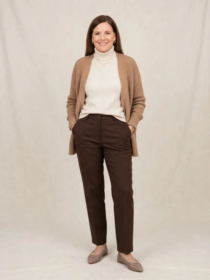 Woman in cream fine-knit turtleneck, camel ribbed cardigan, chocolate straight wool trousers and taupe pointed flats standing in neutral studio