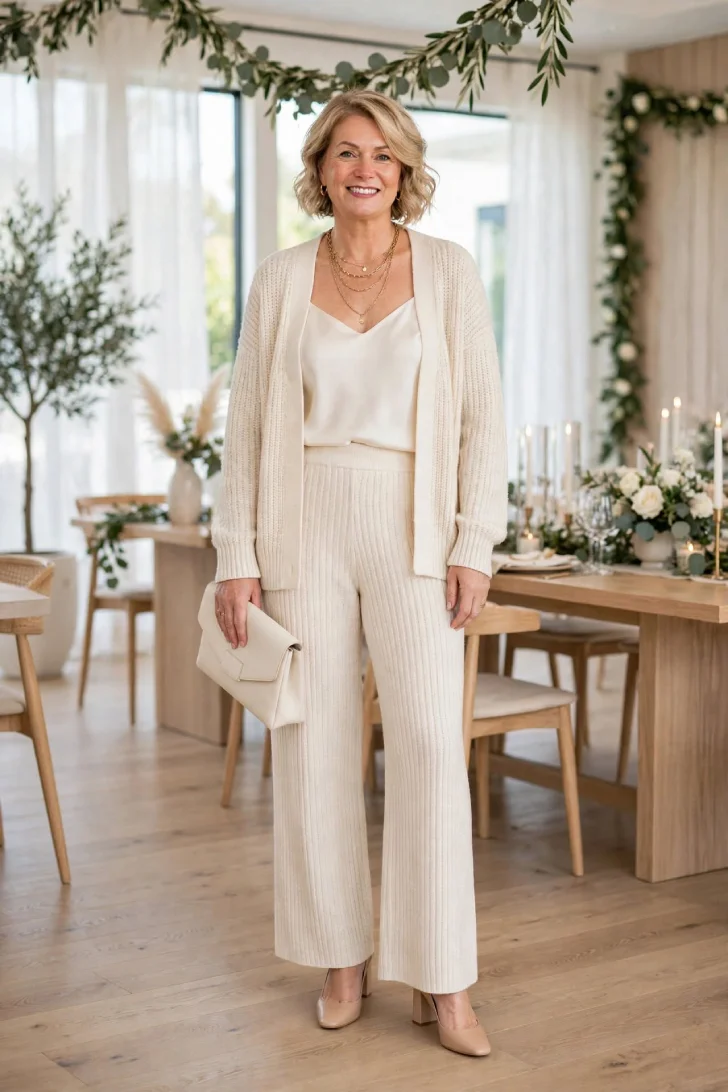  Woman over 40 wearing cream knit cardigan and wide-leg knit pants over ivory silk camisole with layered gold necklaces, cream clutch and nude block heels in bright daytime party interior