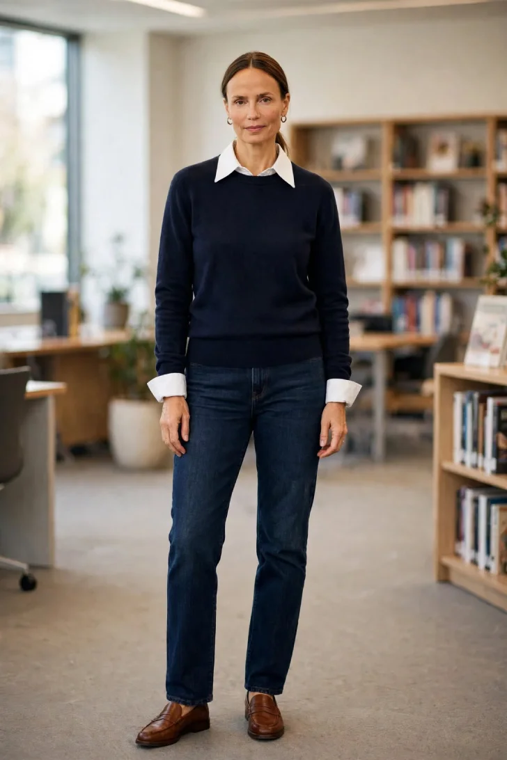 Woman over 40 wearing white poplin shirt with collar over navy crewneck sweater, dark straight jeans and brown loafers in bright office