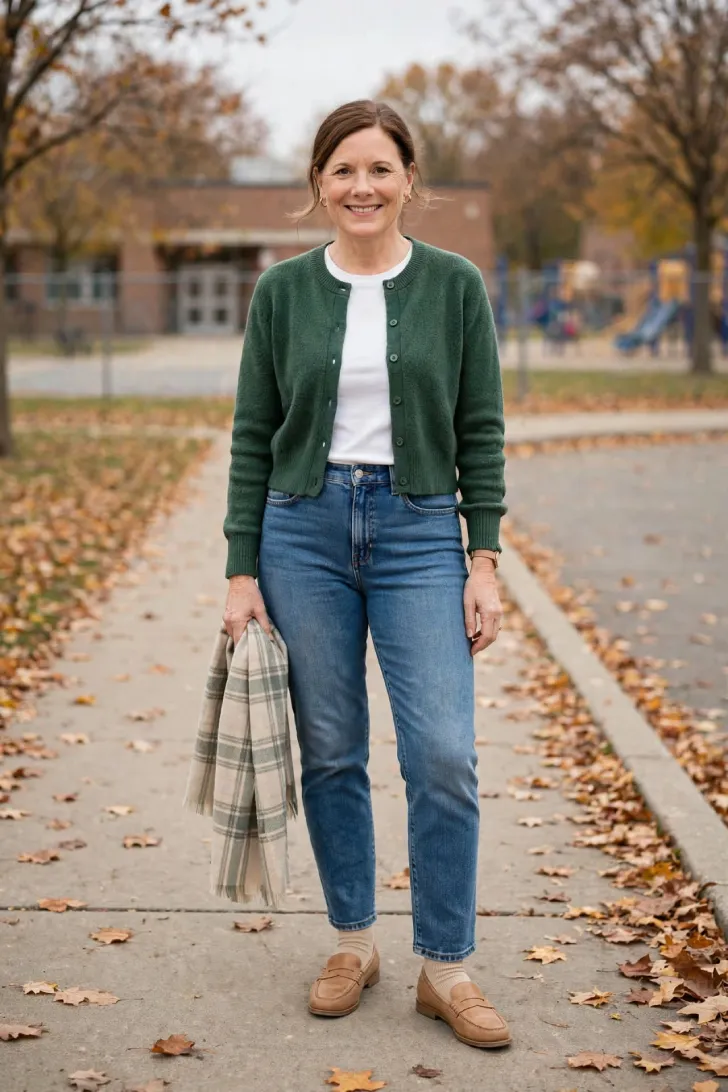  Woman with low bun wearing green cropped cardigan, white tee, high waist blue jeans, tan loafers and holding plaid scarf on leafy sidewalk