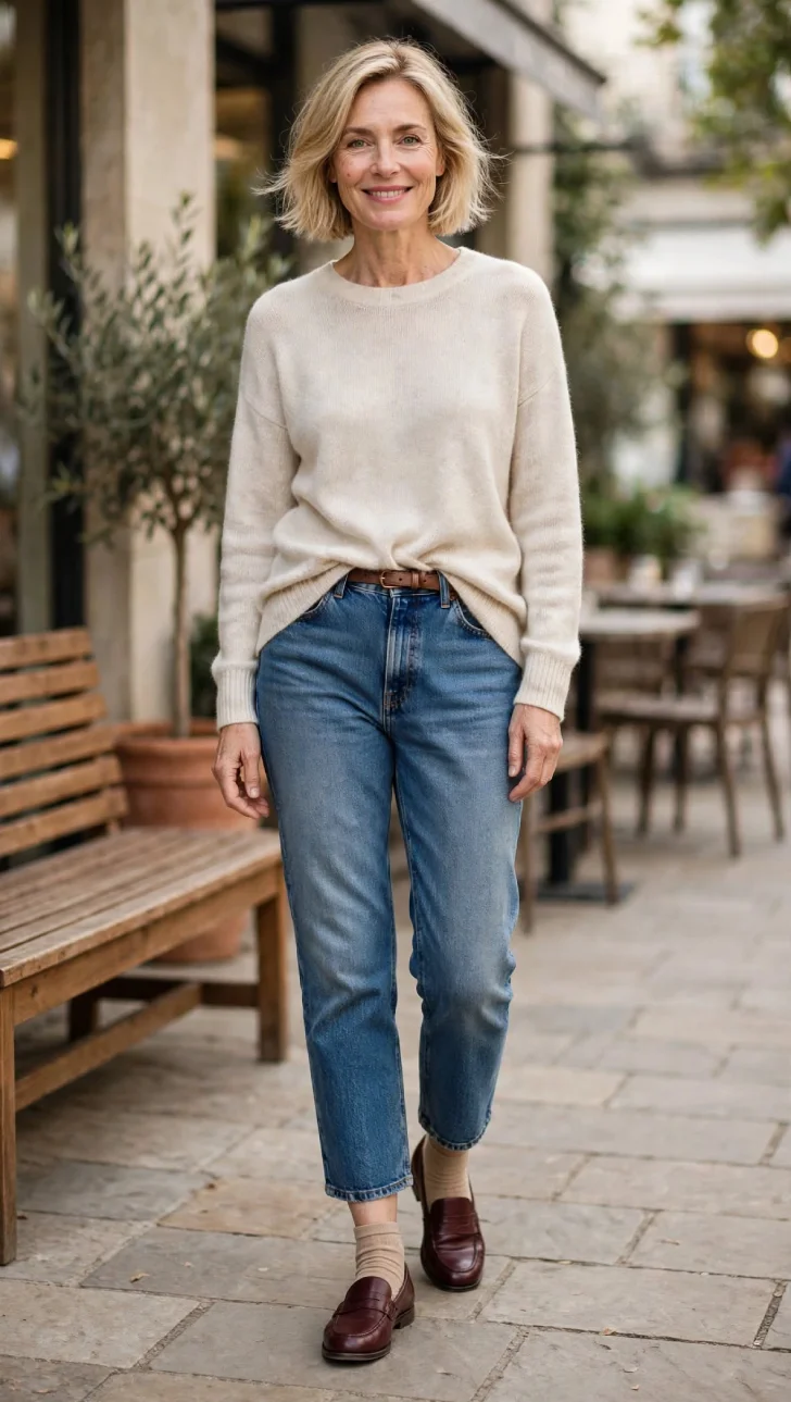 Woman with short blonde bob wearing cropped straight jeans above ankle, oatmeal slouchy sweater front-tucked, beige socks and burgundy loafers on café patio
