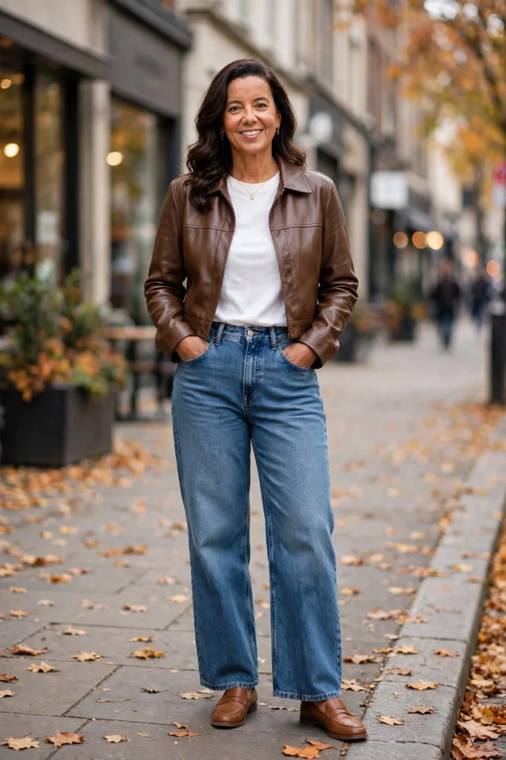 Woman over 40 wearing high-rise wide-leg jeans, white tee, brown cropped leather jacket and tan loafers with hands in pockets