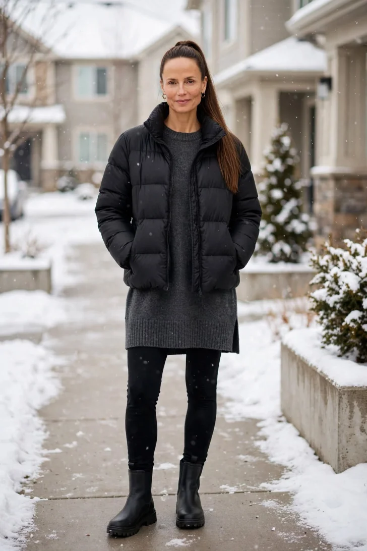 Woman over 40 wearing black cropped puffer jacket over charcoal long knit tunic with black leggings and black waterproof ankle boots on snowy walkway