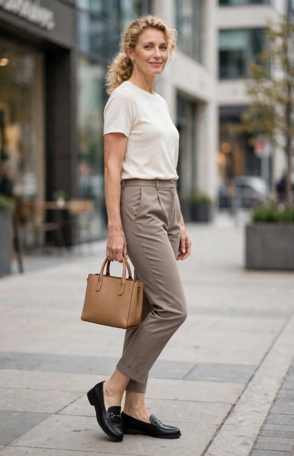 Woman with low curly ponytail wearing stone cropped trousers, cream tee, black loafers and tan tote showing clear ankle gap