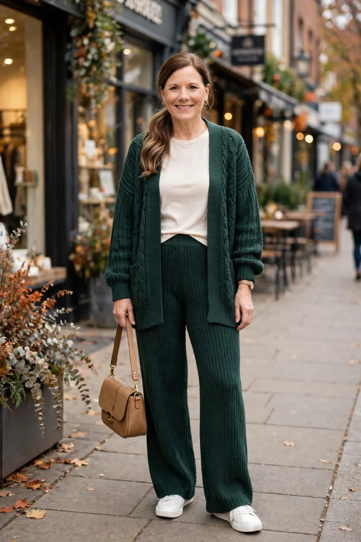  Woman with low side ponytail wearing dark green knit cardigan and matching knit wide leg pants, cream tee, white sneakers and tan bag on shopping street