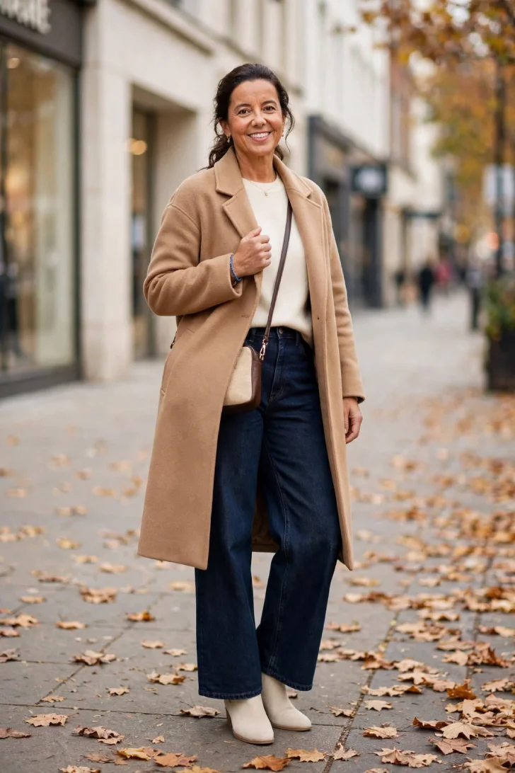 Woman over 40 wearing dark indigo wide-leg jeans, cream sweater, camel wool coat open, cream ankle boots and crossbody bag on a fall sidewalk