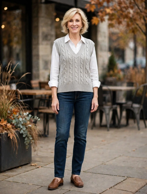 Woman with blonde bob wearing white shirt, grey cable knit vest, dark jeans, and brown loafers outside cafe