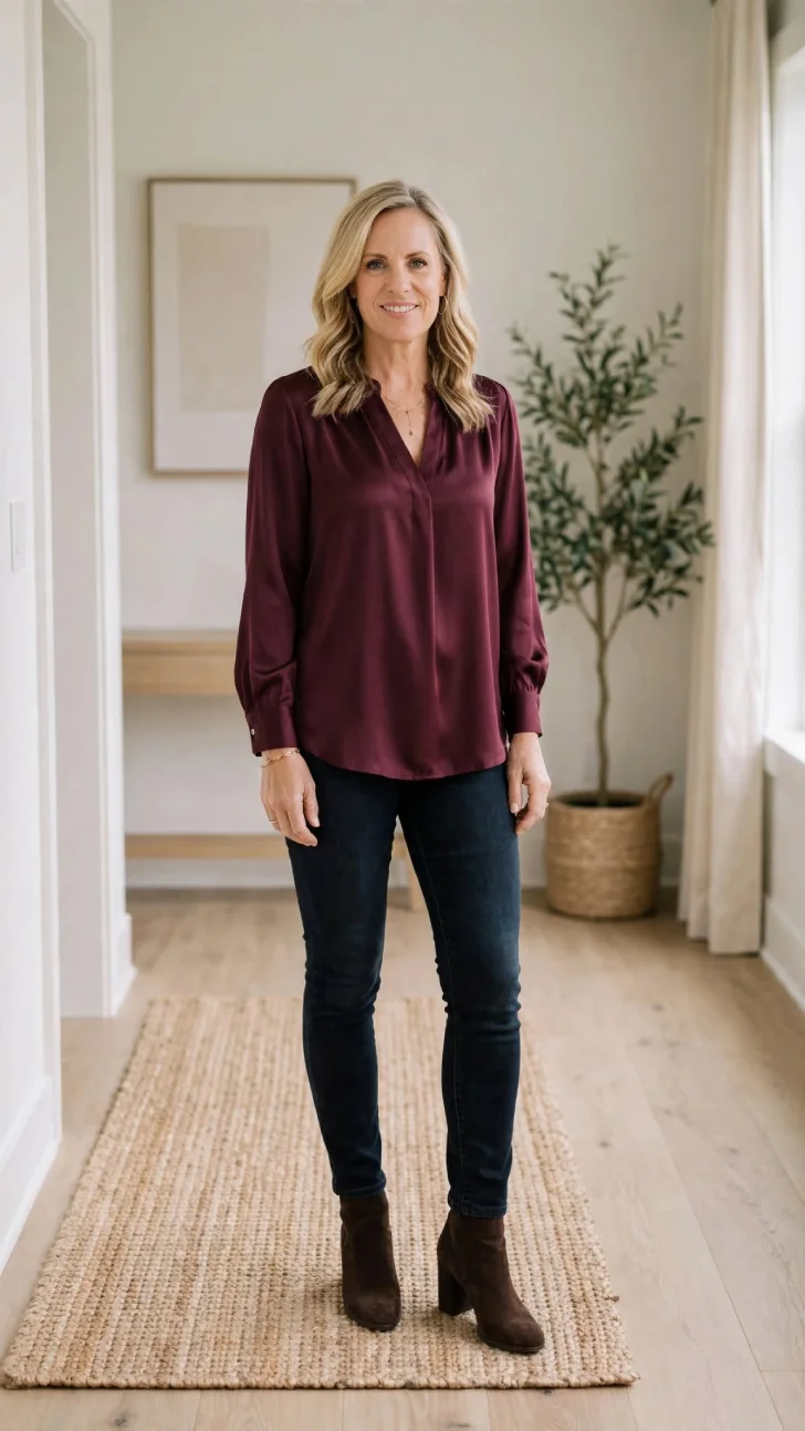 Woman over 40 with blonde wavy hair wearing wine silky blouse, dark skinny jeans and brown block heel booties standing in a bright hallway.
