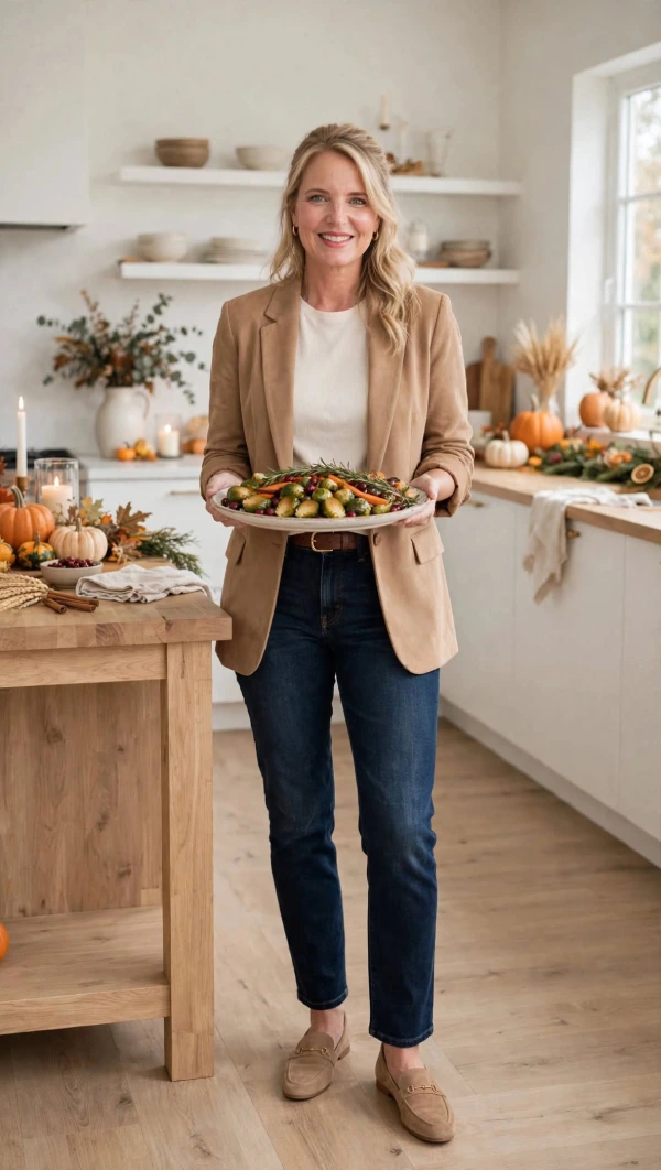 Woman over 40 in dark straight-leg jeans cream tee and camel blazer with tan loafers holding platter in Thanksgiving kitchen