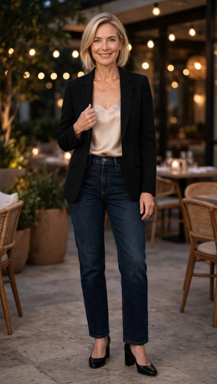Woman with short blonde bob wearing deep indigo straight-leg jeans, champagne silk cami, black blazer and black block-heel pumps at evening patio