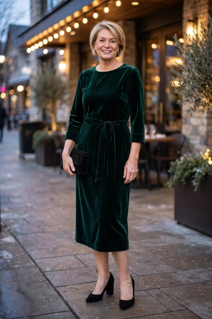 Woman over 40 in deep emerald velvet midi dress with 3/4 sleeves, self-tie belt, black suede block heels and small black clutch standing outside a restaurant with string lights