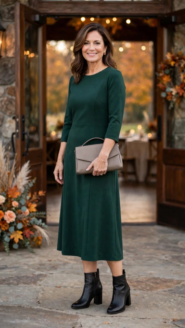  Woman over 40 wearing deep forest green crepe midi dress with 3/4 sleeves, taupe structured clutch, and black block heel ankle boots at fall wedding entrance