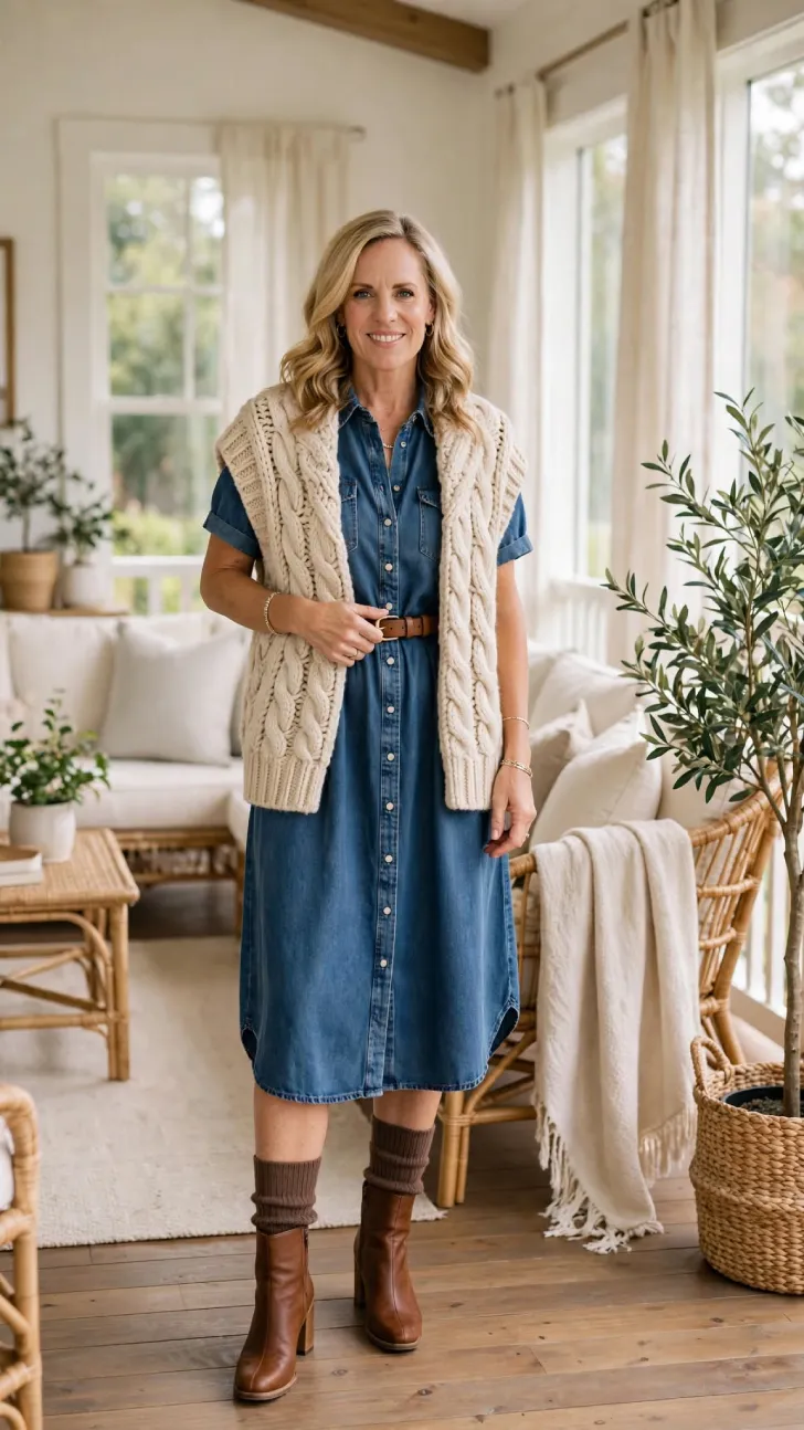 Woman over 40 with blonde wavy hair wearing blue denim shirtdress, cream cable knit chunky vest, brown socks and brown boots on wooden porch.