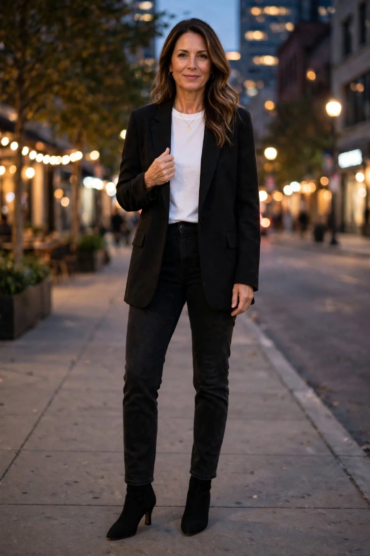 Woman over 40 wearing black straight jeans, white t-shirt, black blazer and black heeled ankle boots on evening city sidewalk
