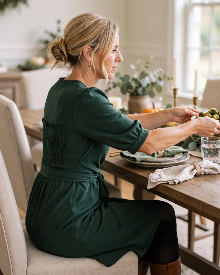 Woman with low blonde bun wearing forest green wrap dress with smocked elastic back, black tights and cognac ankle boots, seated at Thanksgiving dining table passing a dish.