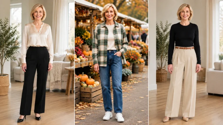 Three elegant fall outfits for women over 50, featuring a satin blouse with black trousers, a plaid shirt jacket with jeans, and a black top with beige wide-leg pants.