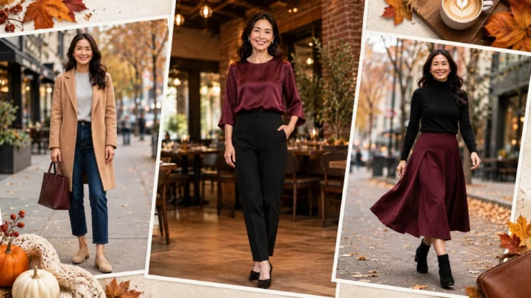 Thanksgiving outfits for women over 40 featuring a camel coat with jeans, a burgundy satin blouse with black trousers, and a burgundy midi skirt with a black turtleneck.