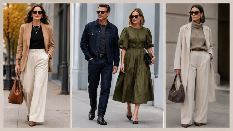 Fall 2026 fashion trends for women over 40 featuring a camel blazer, cream wide-leg trousers, dark denim, and an olive green midi dress.