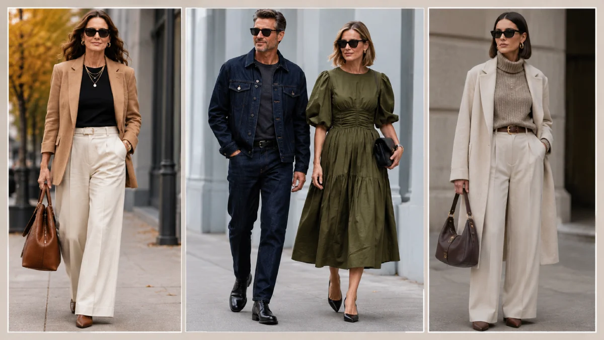 Fall 2026 fashion trends for women over 40 featuring a camel blazer, cream wide-leg trousers, dark denim, and an olive green midi dress.