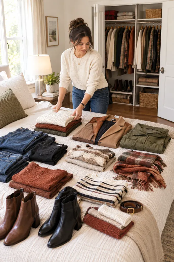 Woman organizing fall capsule wardrobe with jeans, sweaters, ankle boots, and scarves on bed.