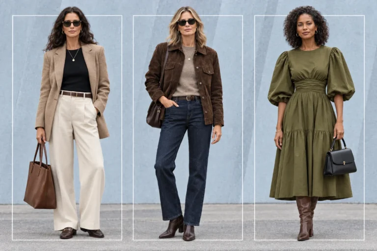 Three women over 40 wearing elegant fall 2026 outfits, including a camel blazer with cream trousers, a brown suede jacket with dark jeans, and an olive green midi dress.