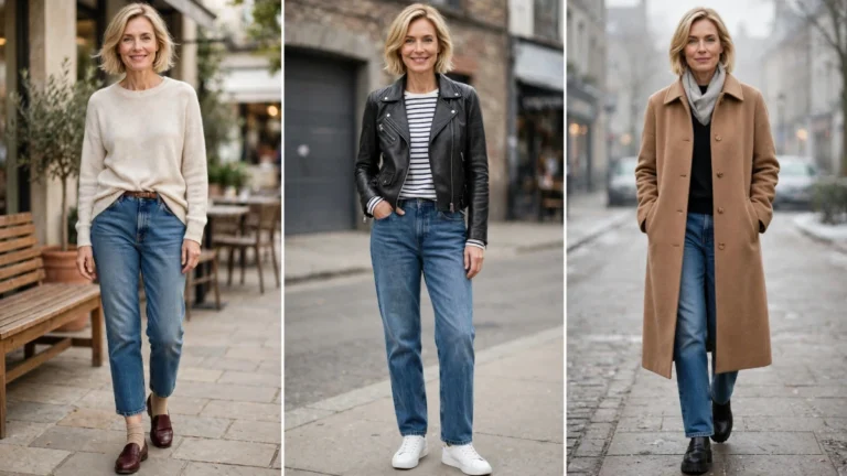 Collage of three fall jeans outfits on same woman with short blonde bob wearing cropped jeans with loafers, leather jacket over striped tee with easy jeans, and long camel wool coat over straight jeans