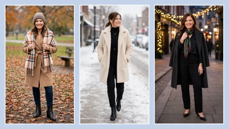 Fall to winter outfits women over 40 camel plaid blanket scarf coat oatmeal teddy coat charcoal wool silk scarf holiday