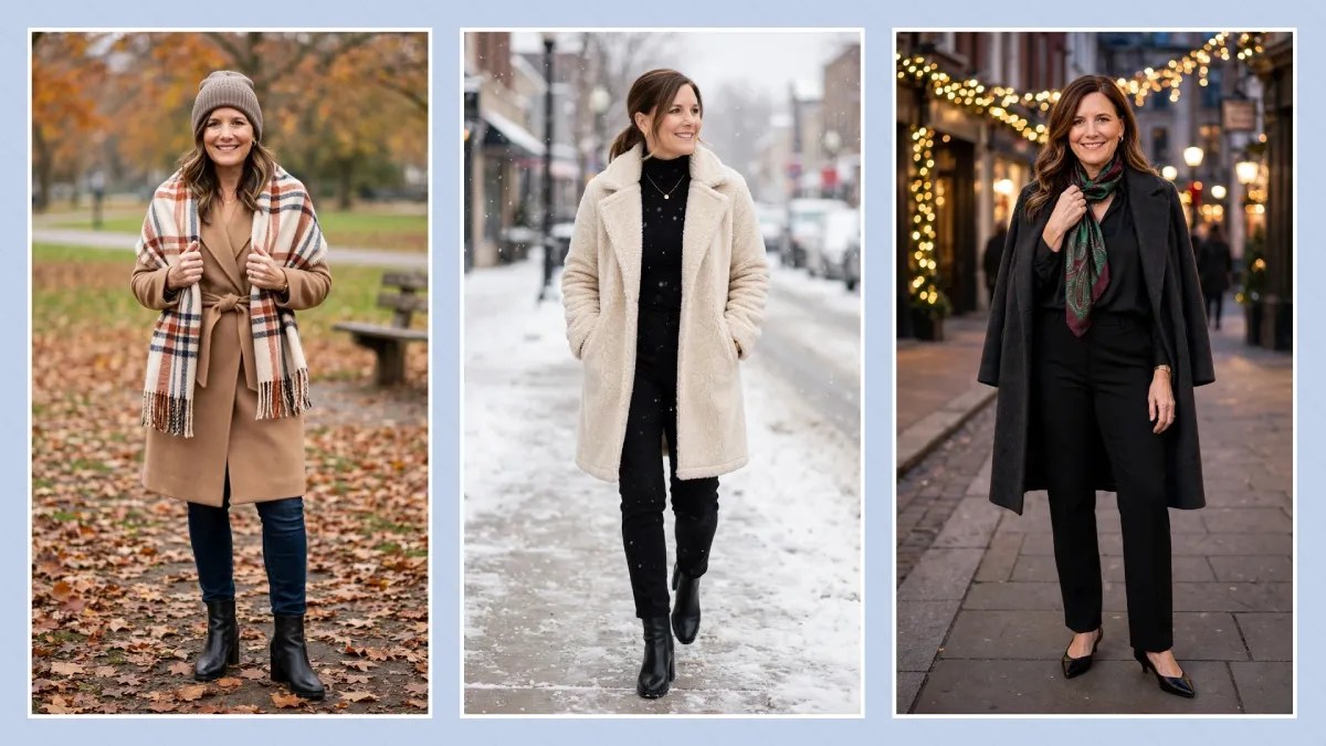 Fall to winter outfits women over 40 camel plaid blanket scarf coat oatmeal teddy coat charcoal wool silk scarf holiday