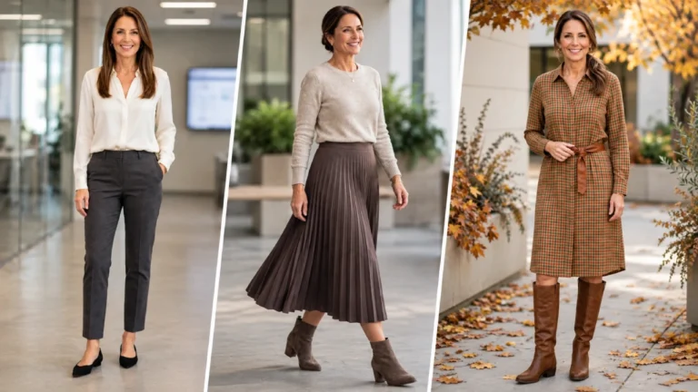 Three fall work outfits for women over 40, featuring tailored trousers, a pleated midi skirt, and a plaid shirt dress with boots.
