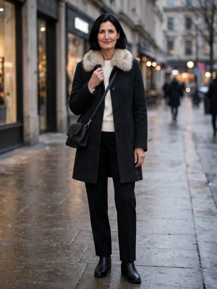 Woman in her 40s with dark bob wearing charcoal coat with faux fur collar trim, ivory knit, black trousers and black ankle boots on wet winter sidewalk