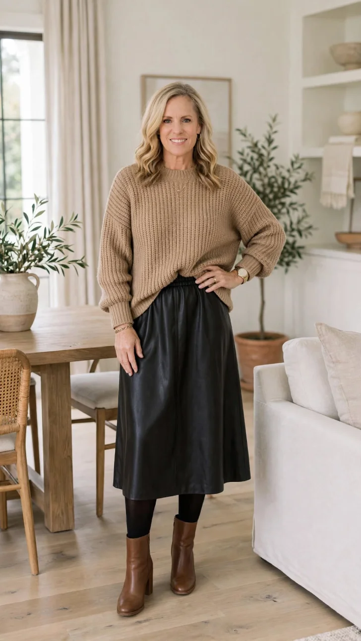 Woman over 40 with blonde wavy hair wearing camel oversized chunky sweater, black faux leather midi skirt, black tights and brown ankle boots in dining room.