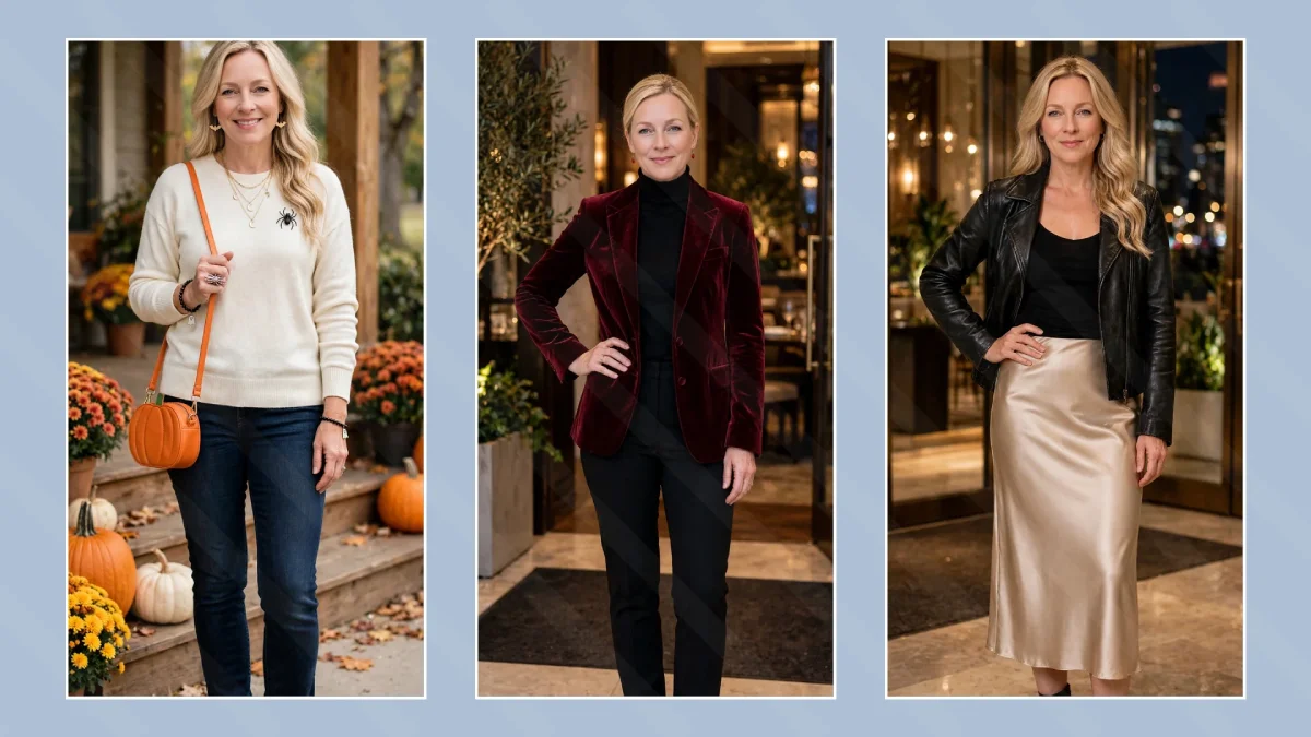 Three women over 40 in casual Halloween outfits not costume-y - cream sweater with spider brooch and pumpkin bag, burgundy velvet blazer with black trousers, satin slip skirt with leather jacket - in white bordered frames on light blue background