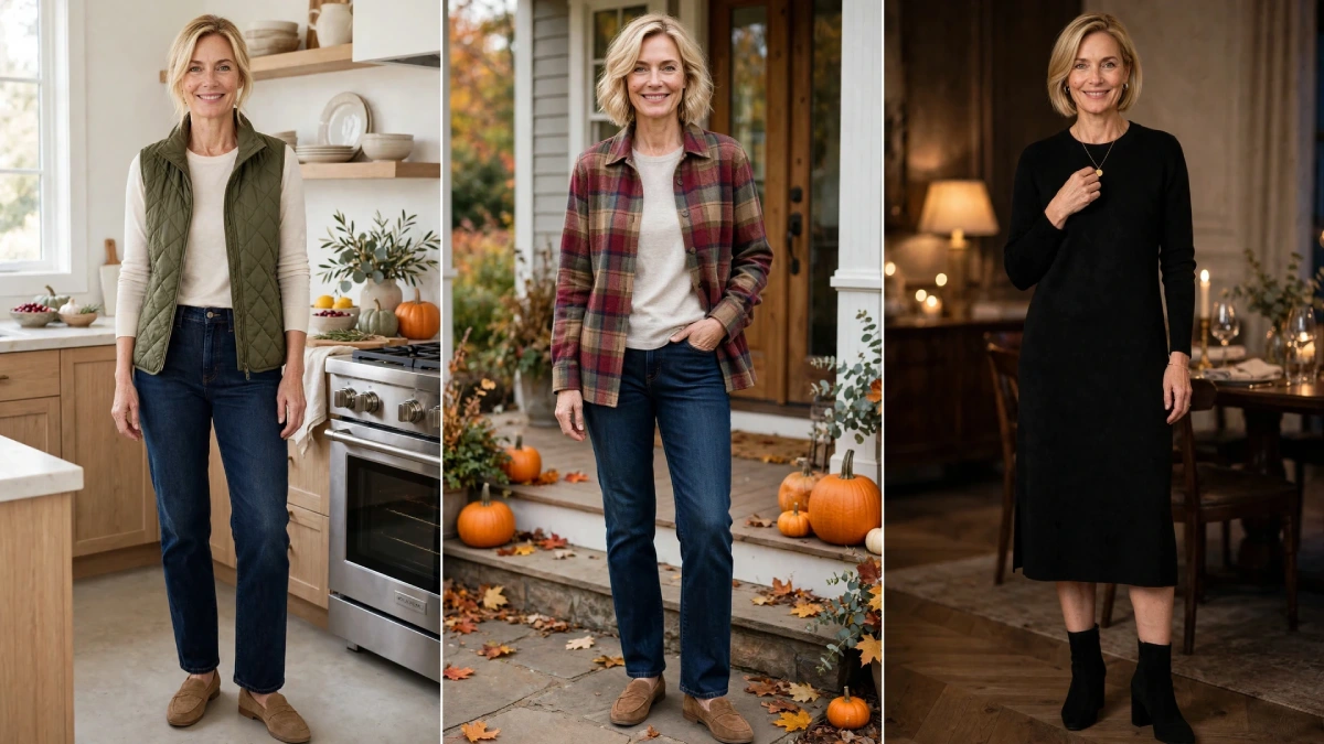 Collage of woman with short blonde bob in three Thanksgiving looks wearing olive quilted vest over cream top and jeans in kitchen, plaid shirt jacket on fall porch with pumpkins, and black knit midi dress with gold pendant and ankle boots at evening table