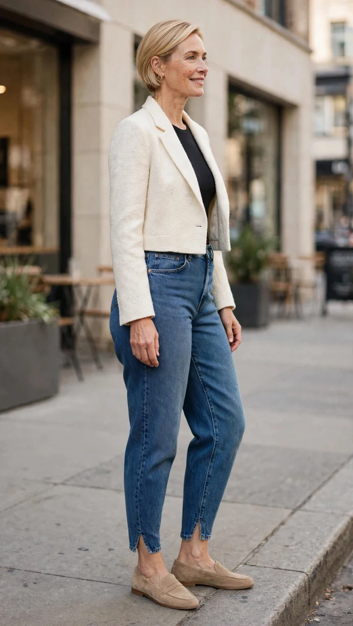 Woman with exact short blonde bob wearing medium-blue barrel-leg jeans, black bodysuit, cropped cream blazer and tan loafers on urban sidewalk