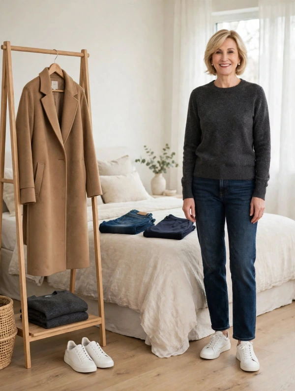 Woman with blonde bob wearing charcoal sweater, dark jeans, and white sneakers beside rack displaying camel coat, jeans, trousers, and sneakers