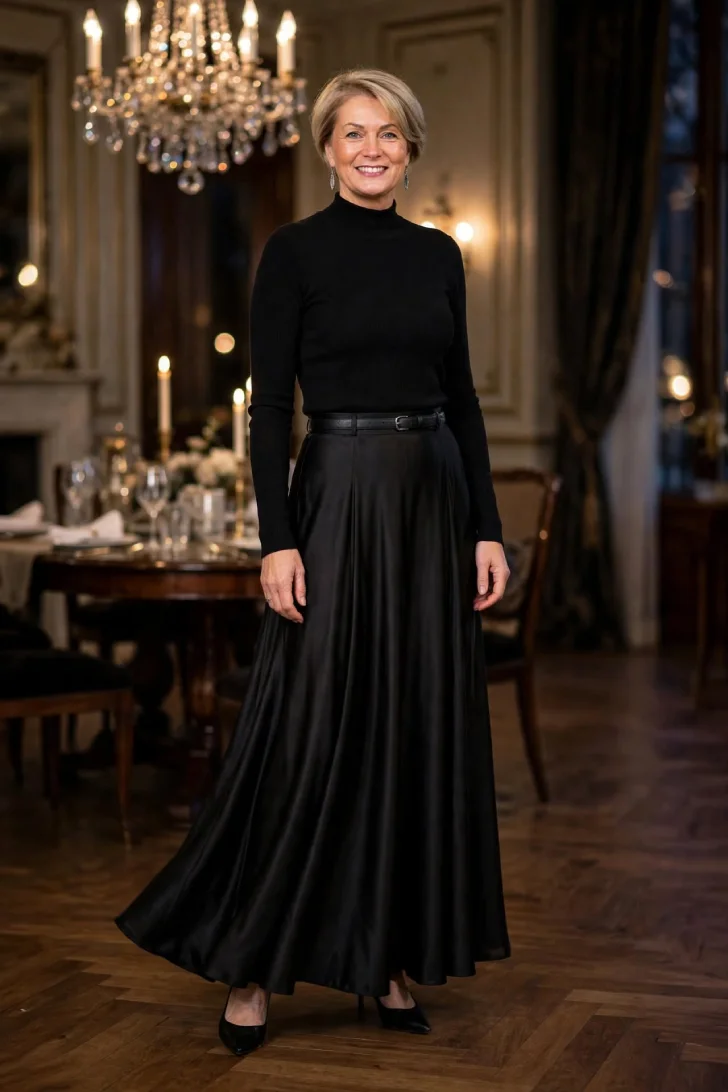 Woman over 40 wearing black floor-length satin skirt and black fitted long-sleeve turtleneck with thin black belt and black pointed pumps in formal dining room with chandelier