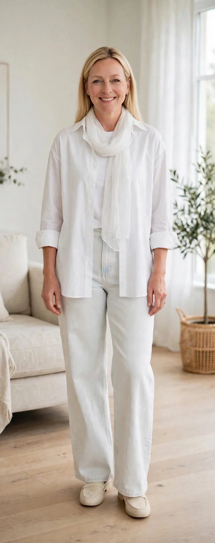  Woman in her 40s with clear skin and straight blonde hair wearing oversized white button-down over white tee, pale wide-leg jeans, cream loafers and sheer white scarf looped at neck in bright minimal living room