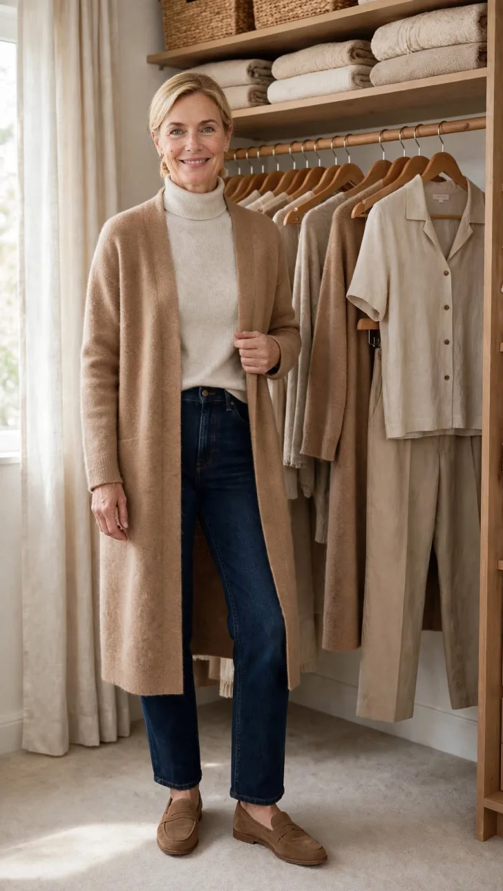 Woman with short blonde bob in low bun wearing oatmeal turtleneck, long camel cardigan, dark straight jeans, and brown loafers standing in organized closet with clothes hung